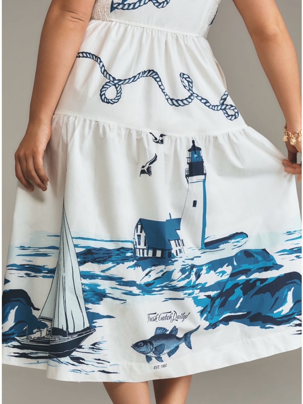 Maeve White & Navy Nautical Button-Front Midi Dress - Picture 5 of 13